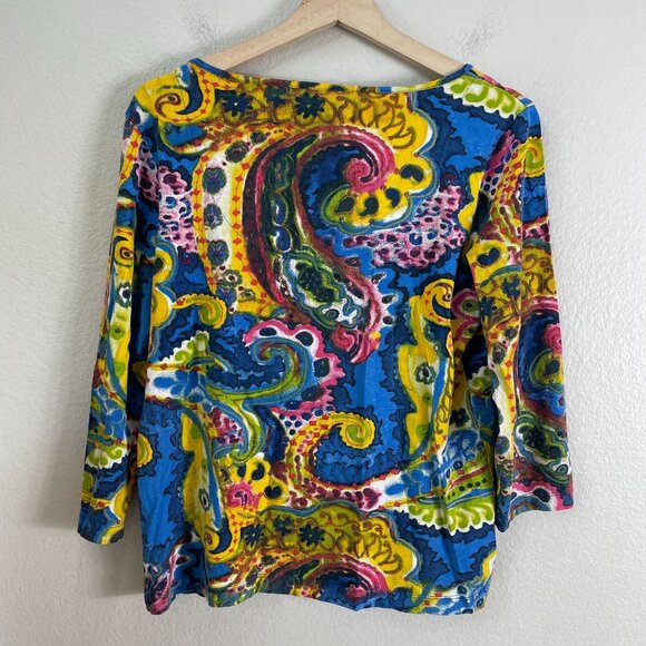 CHICOS Womens Medium Colorful Paisley 3/4 Sleeve Stretch Top Notch Neck Blouse - Picture 9 of 10